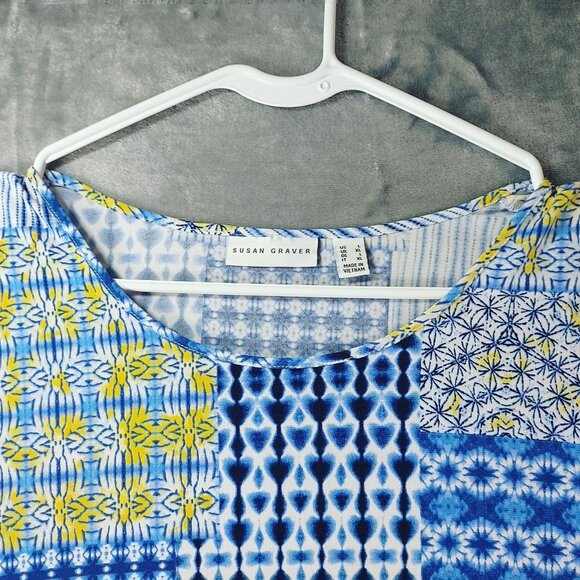 Susan Graver Womens‎ XL Asymmetrical Tunic Top Blue Yellow Patchwork Geometric - Picture 2 of 8